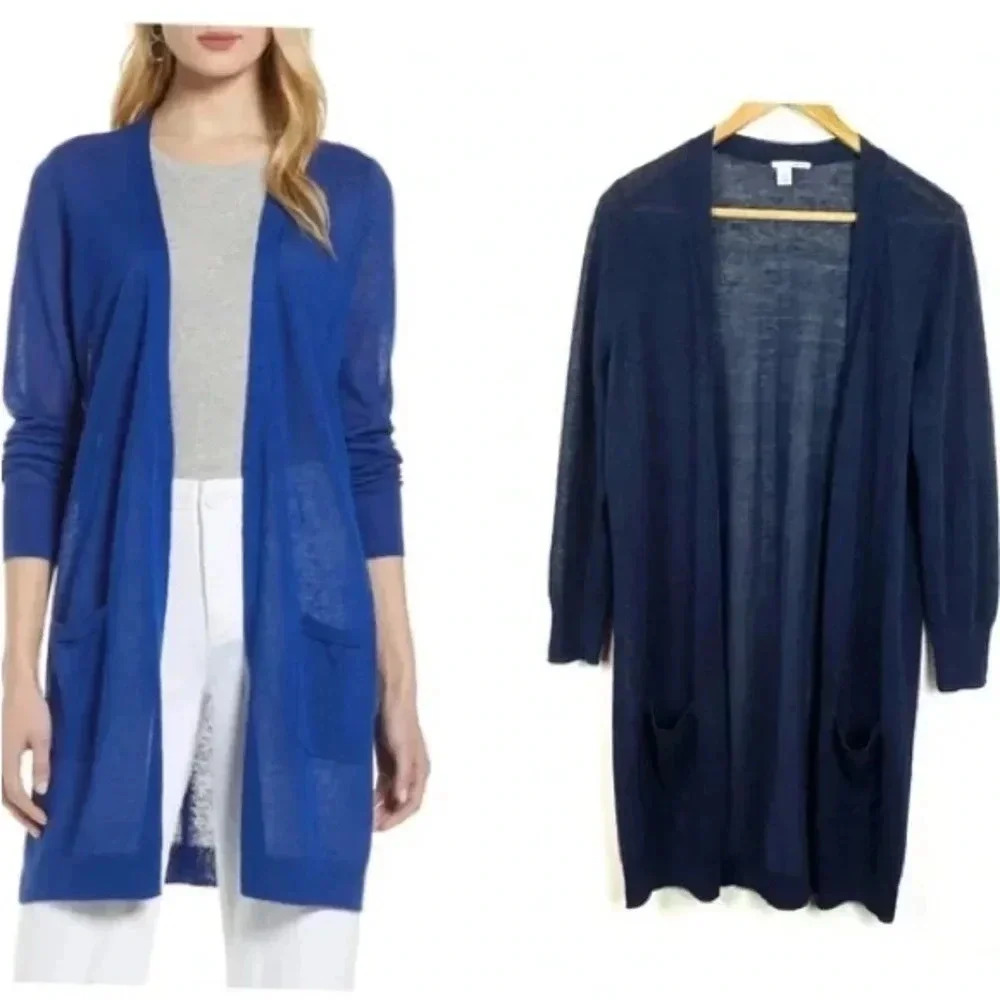 Halogen Linen Blend Long Cardigan Open Front Navy Sweater Size Med Petite